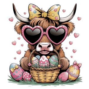 May include: A brown and white Highland cow wearing pink heart-shaped sunglasses and a yellow and white polka dot bow. The cow is holding a basket of colorful Easter eggs.