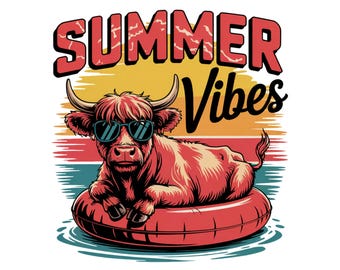 Summer Vibes PNG, Highland Cow Design PNG, Retro Summer Shirt Design, Funny Beach Shirt Print, Summer Sublimation Design, Beach Graphic PNG