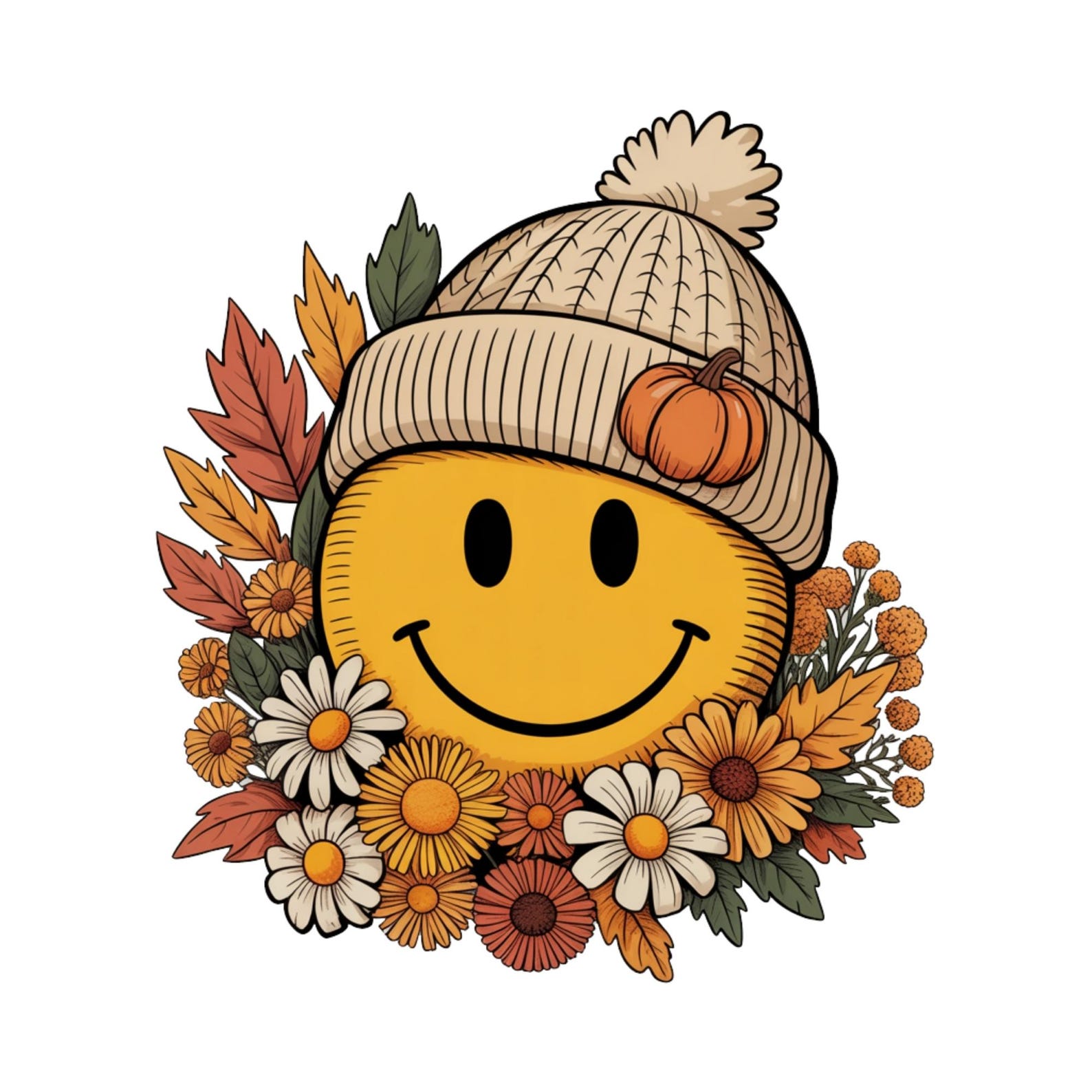 Floral Fall Smiley Face PNG, Fall PNG, Fall Pumpkin Sublimation PNG ...