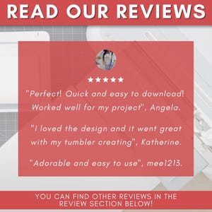 Peut inclure: Image avec le texte "READ OUR REVIEWS" en haut. Un rectangle rouge affiche des avis clients, dont des citations comme "Perfect! Quick and easy to download!" et "Adorable and easy to use". Le texte du bas indique "YOU CAN FIND OTHER REVIEWS IN THE REVIEW SECTION BELOW!"
