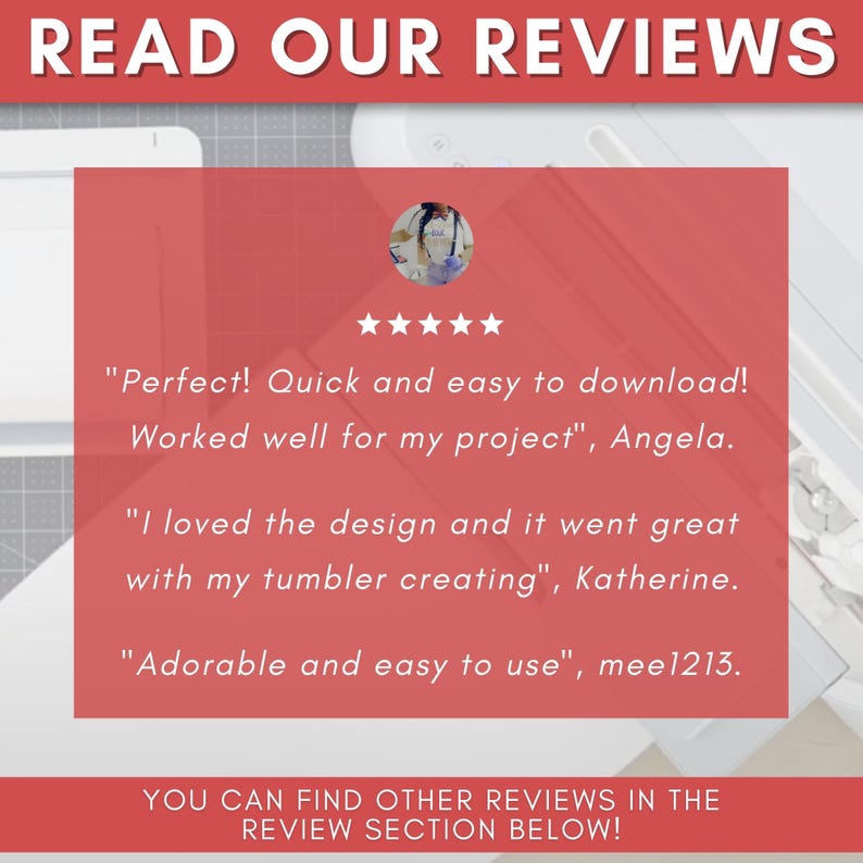 Peut inclure: Image avec le texte "READ OUR REVIEWS" en haut. Un rectangle rouge affiche des avis clients, dont des citations comme "Perfect! Quick and easy to download!" et "Adorable and easy to use". Le texte du bas indique "YOU CAN FIND OTHER REVIEWS IN THE REVIEW SECTION BELOW!"