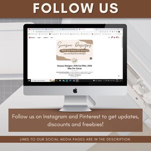 May include: A computer screen displaying a website for Sousou Designs, which sells SVG cut files for Cricut. The website features a brown and white logo with the text "Sousou Designs" and "SVG Cut Files for Cricut". The website also includes a link to the Etsy shop, etsy.com/shop/SousouDesigns. The text "Follow us on Instagram and Pinterest to get updates, discounts and freebies!" is displayed below the computer screen.