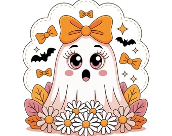 Fantasma fofo em PNG, design de sublimação para o Halloween com laços e flores, clipart feminino para a temporada assustadora, download digital para camisetas.