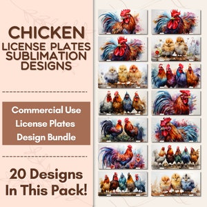 Watercolor Chicken Sublimation Bundle License Plate Sublimation Design, Instant Digital Download License Plate Design, License Plate PNG