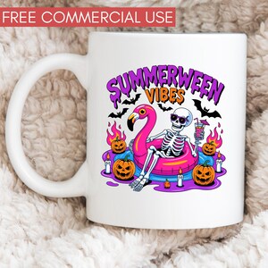 May include: White ceramic mug featuring a skeleton in sunglasses relaxing on a pink flamingo float. The mug has the text "Summerween Vibes" with bats, pumpkins, and flames. A fun, spooky summer design.