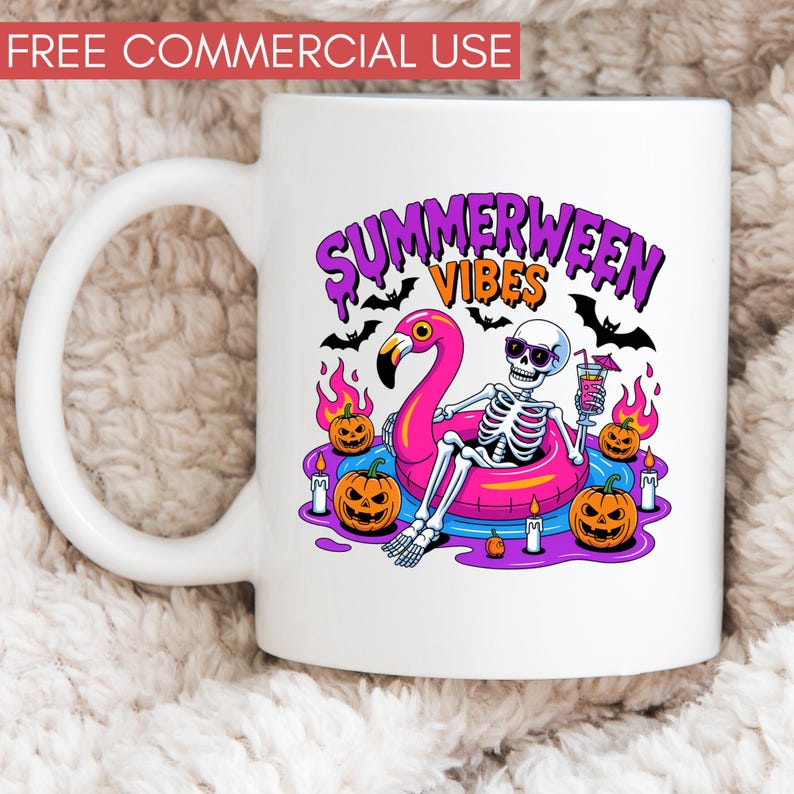 May include: White ceramic mug featuring a skeleton in sunglasses relaxing on a pink flamingo float. The mug has the text "Summerween Vibes" with bats, pumpkins, and flames. A fun, spooky summer design.
