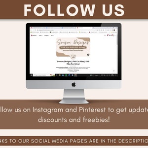 Puede incluir: Un monitor de ordenador muestra un sitio web con el texto "Sousou Designs | SVG Cut Files | SVG Files For Cricut." La imagen tambi&eacute;n incluye el texto "FOLLOW US" y "Follow us on Instagram and Pinterest to get updates, discounts and freebies!"