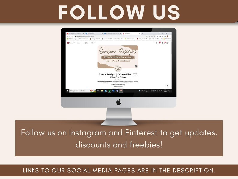 Puede incluir: Un monitor de ordenador muestra un sitio web con el texto "Sousou Designs | SVG Cut Files | SVG Files For Cricut." La imagen tambi&eacute;n incluye el texto "FOLLOW US" y "Follow us on Instagram and Pinterest to get updates, discounts and freebies!"