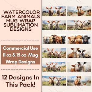 Watercolor Farm Animals Mug Wrap Sublimation Design Bundle, Instant Digital Design Download 11 oz 15 oz Mug Wrap Design, Mug Designs PNG