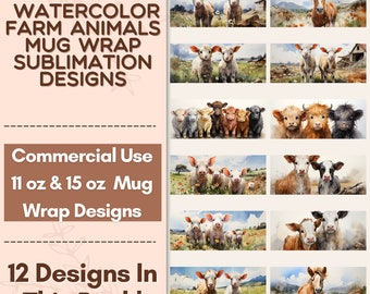 Watercolor Farm Animals Mug Wrap Sublimation Design Bundle, Instant Digital Design Download 11 oz 15 oz Mug Wrap Design, Mug Designs PNG
