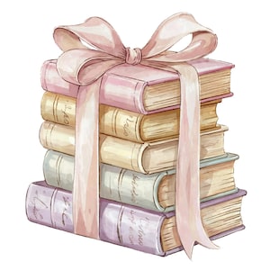 May include: A stack of books wrapped in a pink ribbon. The books have different colored covers and are tied together with a large pink bow.