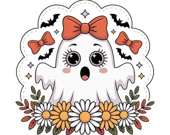 Fantasma fofo em PNG, design de sublimação para o Halloween com laços e flores, clipart feminino para a temporada assustadora, download digital para camisetas.