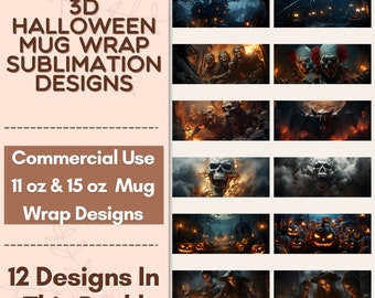 3D Halloween Tasse Wrap Sublimation Design Bundle, sofortiger digitaler Design Download 11 oz 15 oz Tasse Wrap Design, Becher Designs PNG
