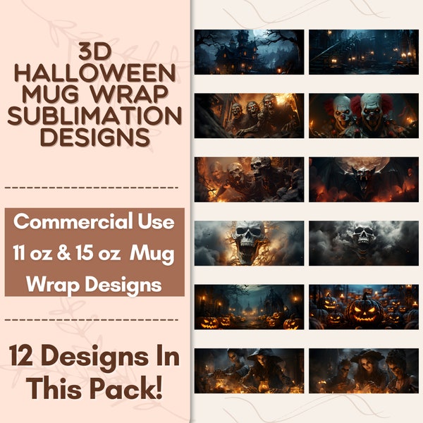 3D Scary Halloween Mug Wrap Sublimation Design Bundle, Instant Digital Design Download 11 oz 15 oz Mug Wrap Design, Mug Designs PNG