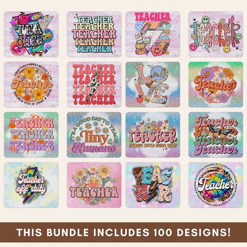 May include: A set of 12 colorful digital designs featuring the word "Teacher" in various retro fonts and styles. The designs include flowers, butterflies, rainbows, and other whimsical elements. The designs are perfect for creating teacher gifts, classroom decorations, or social media graphics.