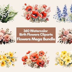 Watercolor Birth Flower PNG Bundle Watercolor Flower Designs, Floral PNG File, Floral Watercolor Clipart, Floral Clipart, Watercolor Clipart