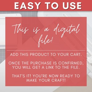 Op de afbeelding: Een roze en witte afbeelding met de tekst "EASY TO USE" in grote witte letters bovenaan. De tekst "This is a digital file!" staat in witte cursieve letters op een roze achtergrond. De tekst "ADD THIS PRODUCT TO YOUR CART." staat in witte letters op een roze achtergrond. De tekst "ONCE THE PURCHASE IS CONFIRMED, YOU WILL GET A LINK TO THE FILE." staat in witte letters op een roze achtergrond. De tekst "THAT'S IT! YOU'RE NOW READY TO MAKE YOUR CRAFT!" staat in witte letters op een roze achtergrond.