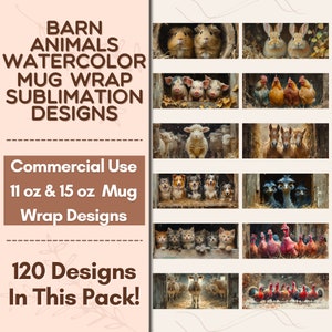 120 Watercolor Farm Animals Mug Wrap Sublimation Design Bundle, Instant Digital Design Download 11 oz 15 oz Mug Wrap Design, Mug Designs PNG