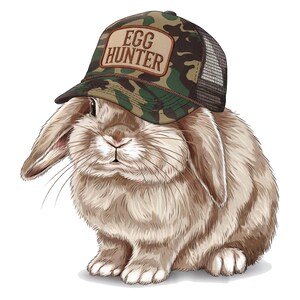 May include: A brown and white rabbit wearing a camouflage trucker hat with the text "Egg Hunter" in brown letters.