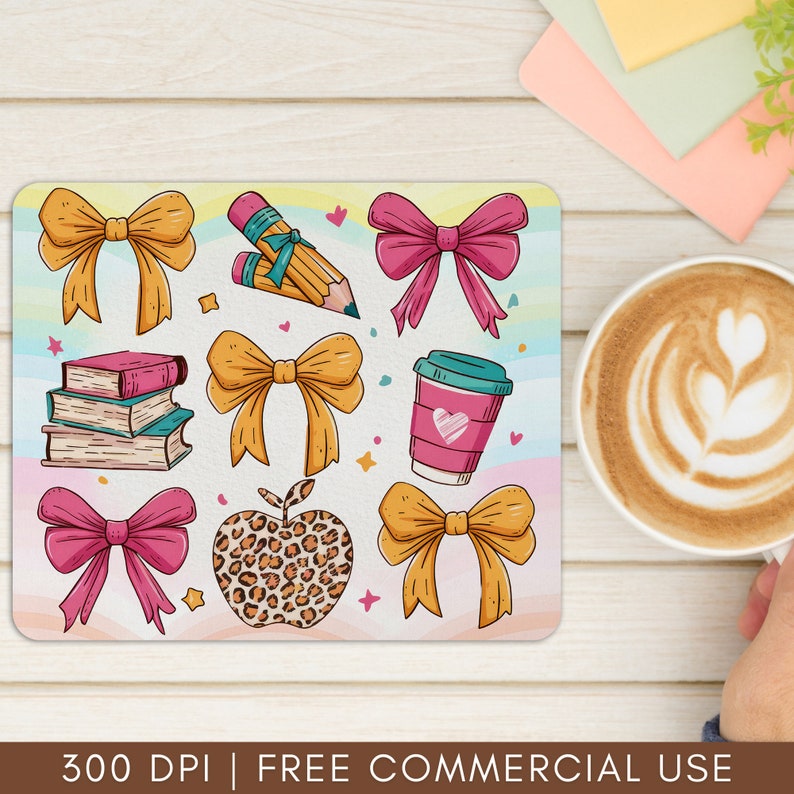 May include: A set of 10 colorful digital clipart images featuring school-themed items like bows, pencils, books, a coffee cup, and an apple. The images are perfect for teachers, students, and anyone who loves school.