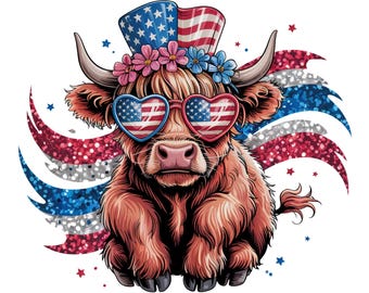 July 4th Highland Cow PNG, Merica Funny Cute Baby Cow Fourth Of July Sublimation Design, Trendy America USA Popular PNG, Digital Download