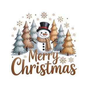 May include: A festive illustration featuring a snowman wearing a top hat and scarf, surrounded by pine trees and snowflakes. The words "Merry Christmas" are written in a decorative font, perfect for holiday-themed products.