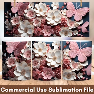 3D Butterfly And Flowers Mug Wrap Sublimation Design, Instant Digital Design Download 11 oz 15 oz Mug Wrap Design, Coffee Mug Designs PNG
