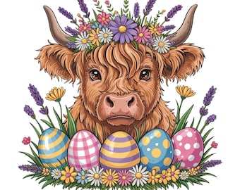 Cute Highland Cow Easter PNG, Easter Egg PNG, Floral Highland Cow PNG, Easter Tshirt Png, Easter Cow Png, Trendy Easter Png, Easter Design