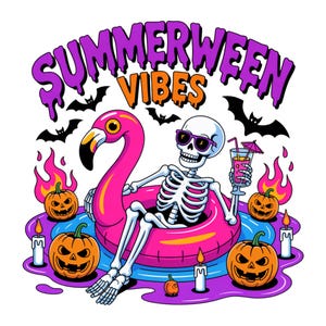 May include: A cartoon illustration with the text "SUMMERWEEN VIBES". A skeleton wearing sunglasses relaxes on a pink flamingo float in a pool, holding a cocktail. Pumpkins, flames, bats, and candles complete the design.