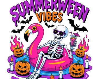 Summerween Vibes PNG, Funny Skeleton Float Halloween In Summer PNG, Trendy Sublimation Spooky Flamingo Pool Ghost Pumpkins Creepy PNG File
