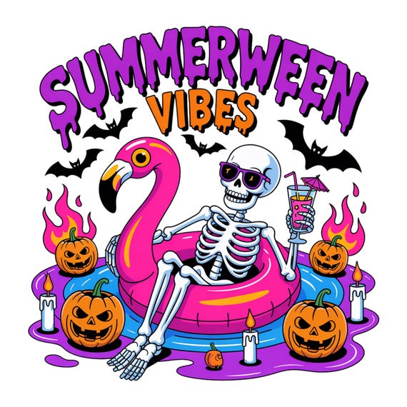 Summerween Vibes PNG, Funny Skeleton Float Halloween In Summer PNG, Trendy Sublimation Spooky Flamingo Pool Ghost Pumpkins Creepy PNG File