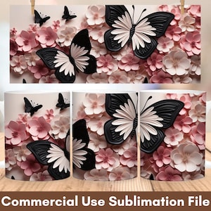 3D Butterfly And Flowers Mug Wrap Sublimation Design, Instant Digital Design Download 11 oz 15 oz Mug Wrap Design, Coffee Mug Designs PNG