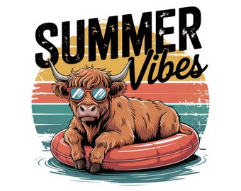 Summer Vibes PNG, Highland Cow Design PNG, Retro Summer Shirt Design, Funny Beach Shirt Print, Summer Sublimation Design, Beach Graphic PNG