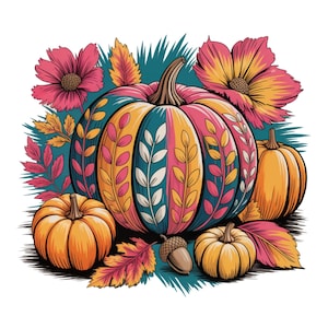 Floral citrouille d&#39;automne PNG, sublimation de chemise florale d&#39;automne Boho, girly automne vibes PNG, coup de pinceau automne preppy PNG, citrouille rose saison Png