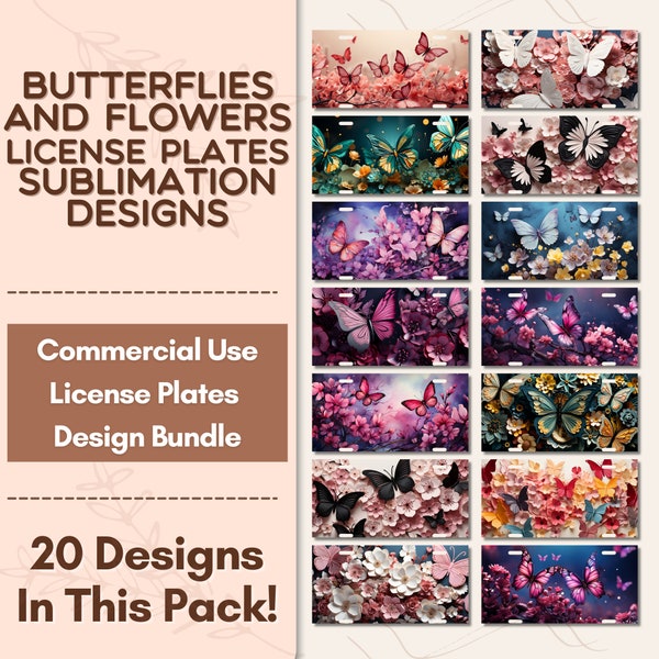 Butterflies Flowers Sublimation Bundle License Plate Sublimation Designs, Instant Digital Download License Plate Design, License Plate PNG