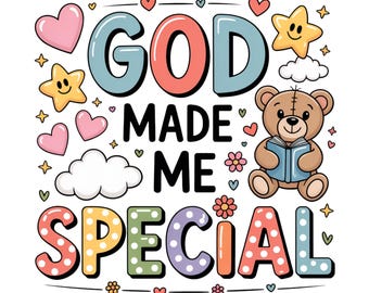 Christian PNG, Sublimation Dieu m'a fait fichier coupe spéciale petits garçons, enfants rétro en bas âge, Bible religieuse colorée conception graphique Png