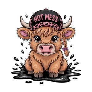 Hot Mess Cute Highland Cow PNG Sublimation Design, Cute Snarky Bougie Western Cap Country Cow, Sarcasm Cute Cow For Shirt, Leopard Print PNG