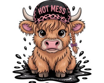 Hot Mess Cute Highland Cow PNG Sublimation Design, Cute Snarky Bougie Western Cap Country Cow, Sarcasm Cute Cow For Shirt, Leopard Print PNG