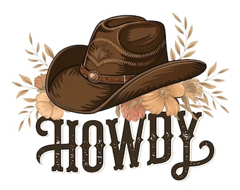 Ladda ner sublimeringsdesign för Western Howdy PNG, cowboyhatt med blommor, country rodeo-teman för kommersiellt bruk, sublimeringsfil för Western