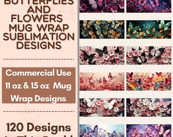3D Butterfly And Flowers Mug Wrap Sublimation Design Bundle, Instant Digital Design Download 11 oz 15 oz Mug Wrap Design, Mug Designs PNG