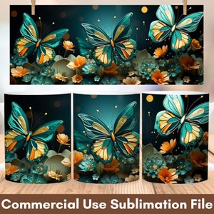 3D Butterfly And Flowers Mug Wrap Sublimation Design, Instant Digital Design Download 11 oz 15 oz Mug Wrap Design, Coffee Mug Designs PNG