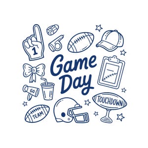 Puede incluir: Una colección de ilustraciones en azul y blanco dibujadas a mano relacionadas con el fútbol americano. Incluye un dedo de espuma, balones de fútbol, un casco, un silbato, una carpeta, una gorra y las palabras "Game Day" y "Touchdown".