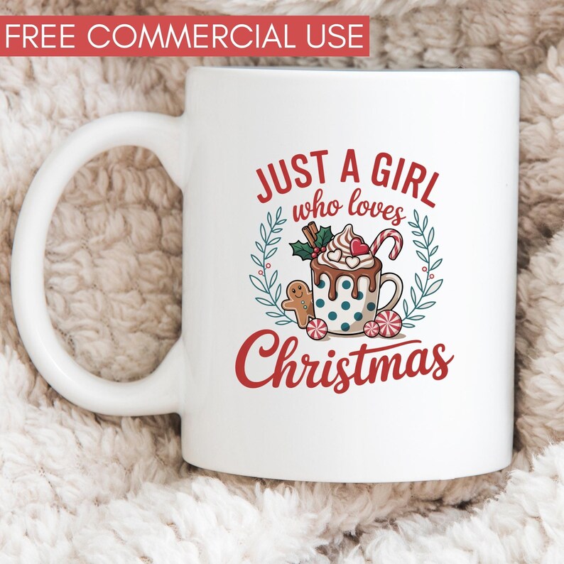 Peut inclure: Mug en c&eacute;ramique blanche avec l'inscription "JUST A GIRL who loves Christmas" en rouge. La tasse pr&eacute;sente une illustration festive d'un chocolat chaud avec de la cr&egrave;me fouett&eacute;e, une canne en bonbon et un bonhomme en pain d'&eacute;pices.