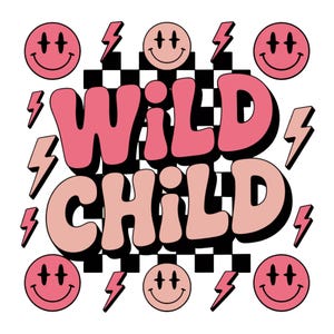 Wild Child PNG, Little Girl Smiley T Shirt PNG, Hot Pink 90s 80s Boho Girl Sibling, Preppy Girl Sublimation PNG Digital Download, Png Design