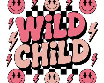 Wild Child PNG, Little Girl Smiley T Shirt PNG, Hot Pink 90s 80s Boho Girl Sibling, Preppy Girl Sublimation PNG Digital Download, Png Design