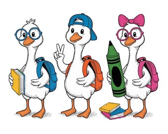 Può includere: Illustrazione di tre oche dei cartoni animati, ognuna con uno zaino. Un'oca indossa gli occhiali e tiene in mano un libro, un'altra fa il segno della pace e la terza indossa un fiocco e gli occhiali, tenendo in mano un pastello verde. Le oche sono pronte per la scuola.