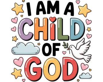 Christian PNG, Sublimation Je suis un enfant de Dieu, petit garçon, bambin rétro, Bible religieuse colorée, conception graphique, conception PNG