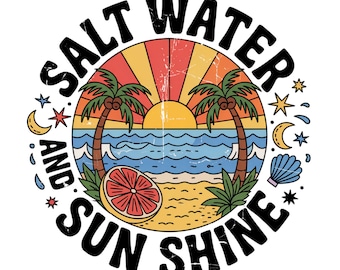 PNG de água salgada e sol, design para sublimação, PNG de verão, PNG de praia retrô, PNG tropical, design para camiseta, PNG para download instantâneo, DTF