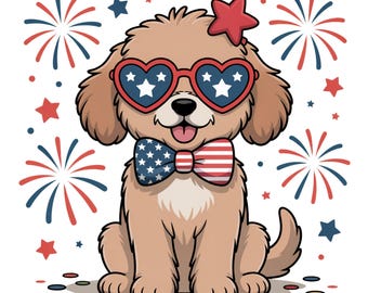 Immagine PNG di un Goldendoodle patriottico, cane PNG per il 4 luglio, illustrazione digitale di un cane americano, file per sublimazione di un cane con fiocco a stelle e strisce