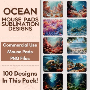 May include: A collection of 100 ocean-themed mouse pad designs. The designs feature various underwater scenes, including coral reefs, sea turtles, starfish, and seashells.  These designs are perfect for adding a touch of the ocean to your workspace.